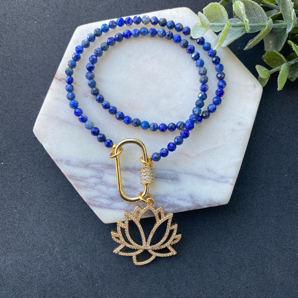 Lotus Necklace CZ Gold Pendant and Lapis Lazuli Choker Carabiner front Clasp